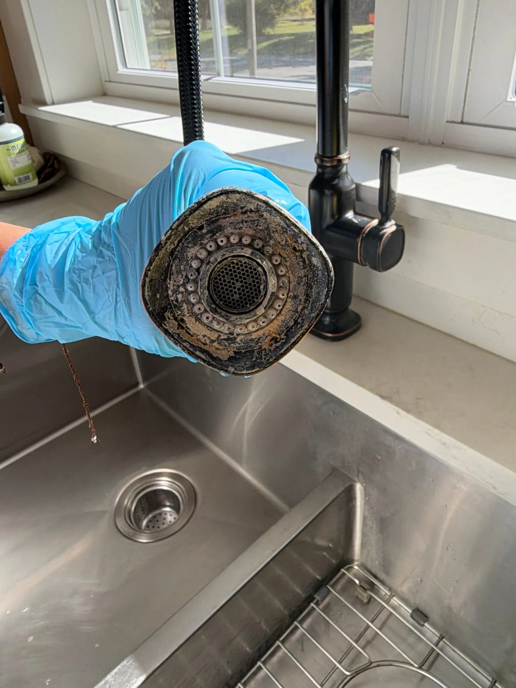 A kitchen faucet head caked with mineral buildup, before cleaning